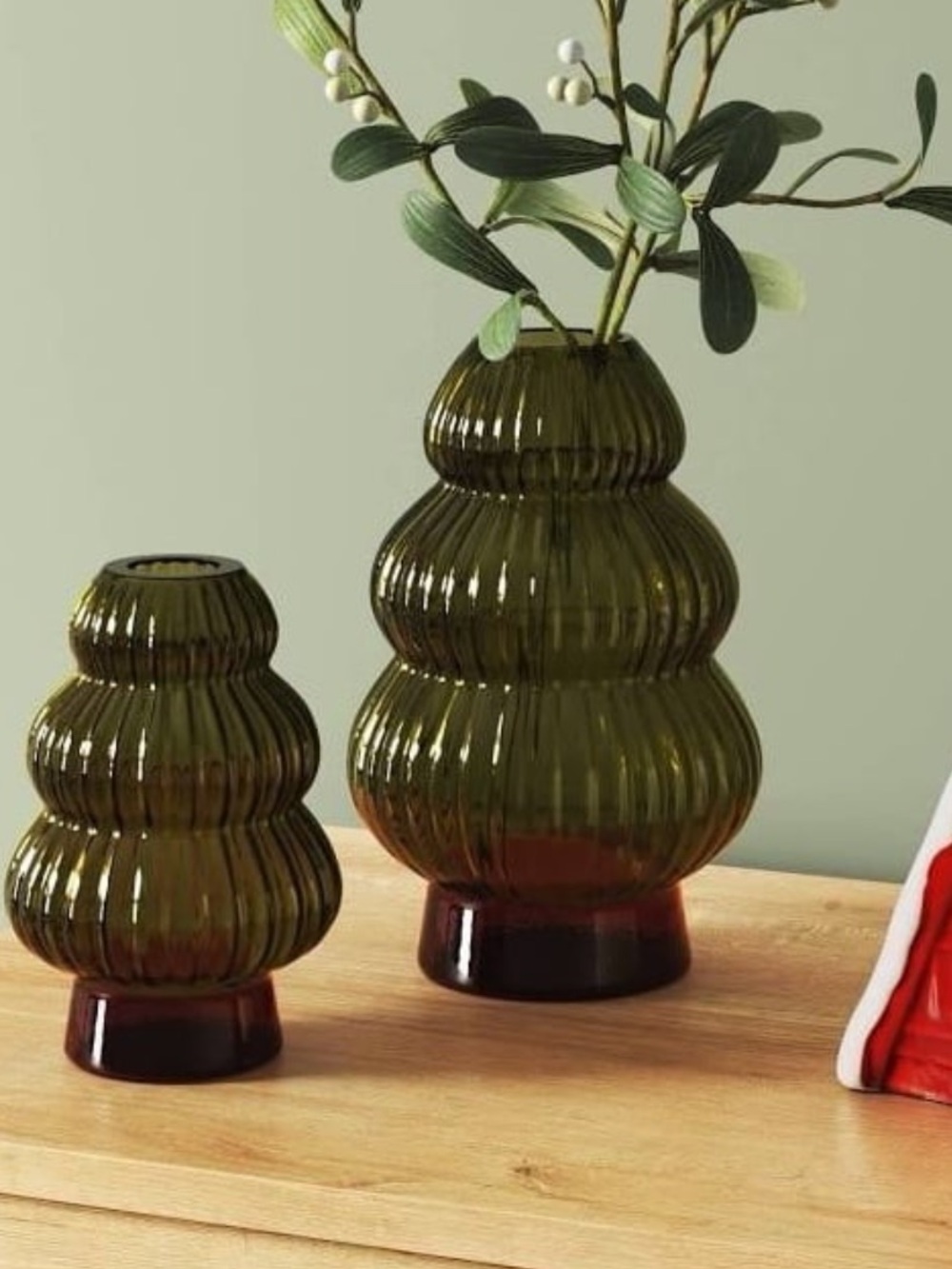 Threshold Green Ribbed Glass Decorative Tree Vase sm & lg
